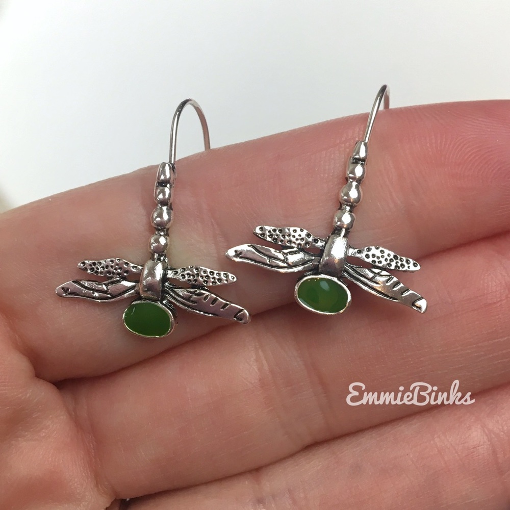 ✨3/$38 New Antique Silver & Green Dragonfly Drop Dangle Earrings - Free People - Picture 6 of 10